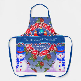 Snowman met Holly Berries en JOUW NAAM op BLUE Schort