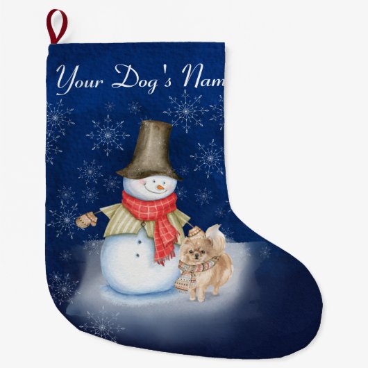 Snowman met hond-Pommeren Grote Kerstmis Kerstsok (Voorkant)
