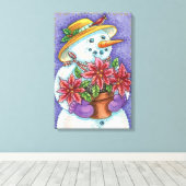 Snowman met kerstavond met Poinsettia Canvas Afdruk (Insitu (Houten vloer))