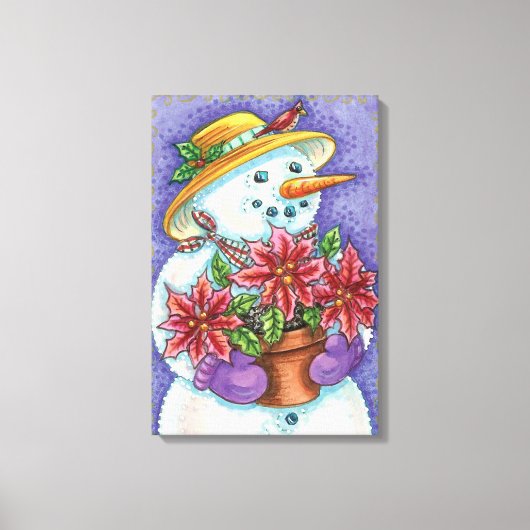 Snowman met kerstavond met Poinsettia Canvas Afdruk (Voorkant)