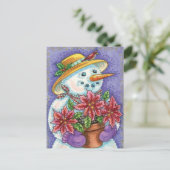 Snowman met kerstavond met Poinsettia Feestdagenkaart (Staand voorkant)