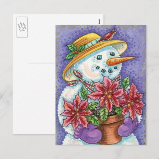 Snowman met kerstavond met Poinsettia Feestdagenkaart (Voorkant / Achterkant)