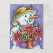Snowman met kerstavond met Poinsettia Feestdagenkaart (Voorkant)