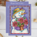 Snowman met kerstavond met Poinsettia Kaart<br><div class="desc">illustratie Merry kerstvakantie design met een schattige,  gelukkige sneeuwvrouw in de winter. De sneeuwman glimlacht en houdt een plant met poinsettia-bloem vast en draagt een pet met heilig en een vogel op de rand. Fun design voor een bloemist!</div>