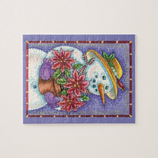 Snowman met kerstavond met Poinsettia Legpuzzel (Horizontaal)