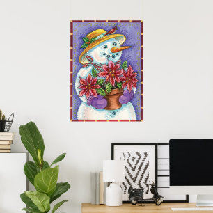 Snowman met kerstavond met Poinsettia Poster