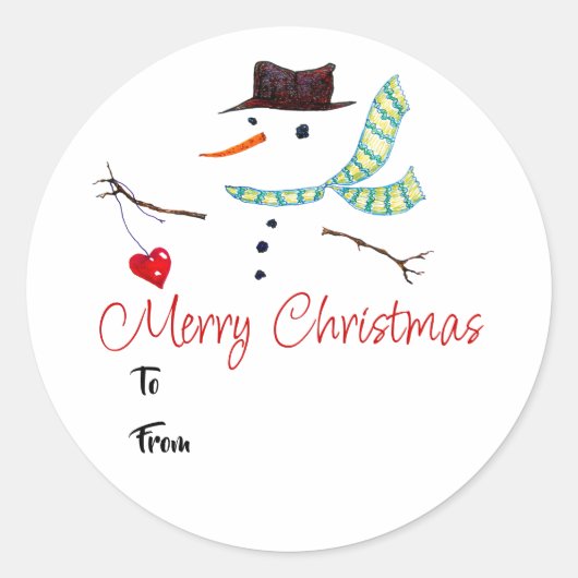 Snowman met kerstcadeaulabel met hart en ziel ronde sticker (Voorkant)
