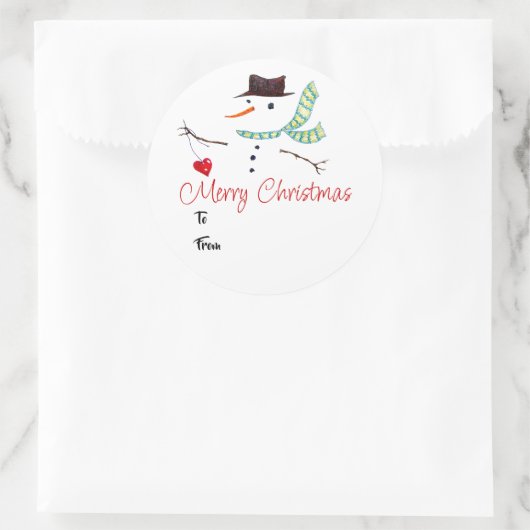 Snowman met kerstcadeaulabel met hart en ziel ronde sticker (Tas)