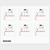 Snowman met kerstcadeaulabel met hart en ziel vierkante sticker (Vel)