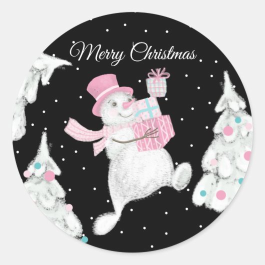 Snowman met kerstcadeautjes met nachtsneeuw ronde sticker (Voorkant)