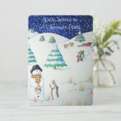 Snowman met kerstmis in de sneeuw kaart (Staand voorkant)