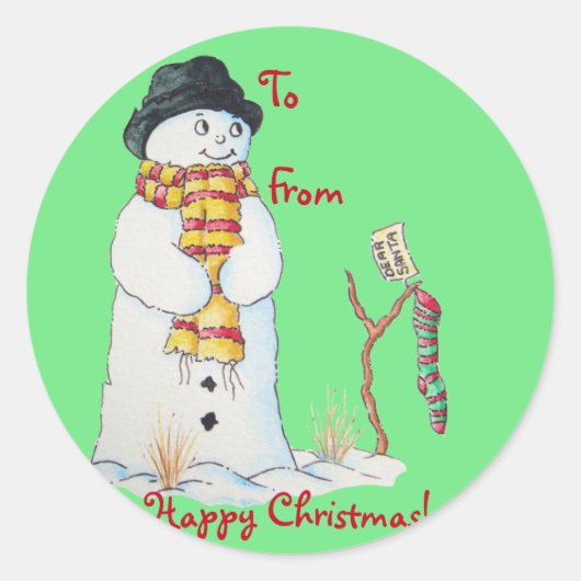 Snowman met kerstmis in de sneeuw ronde sticker (Voorkant)