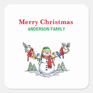 Snowman met kerstmis met vogels op zijn wapen vierkante sticker