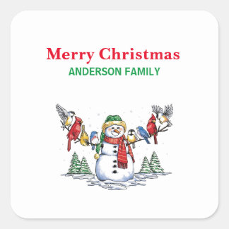 Snowman met kerstmis met vogels op zijn wapen vierkante sticker