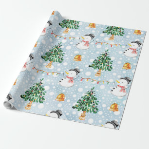 Snowman met koortsboom in het Waterverf patroon Cadeaupapier