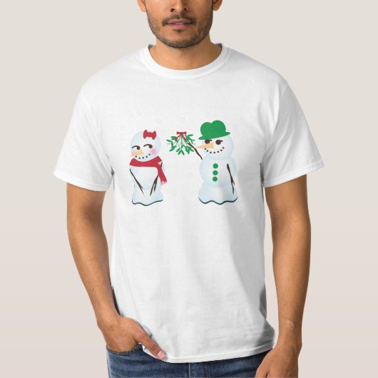 Snowman met Mistletoe die een kus wil T-shirt (Voorkant)