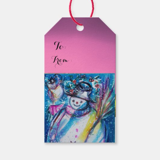 SNOWMAN MET OWL / CHRISTMAS NACHT, Roze Cadeaulabel (Voorkant)
