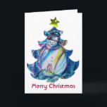 SNOWMAN MET OWL EN CHRISTMAS TREE FEESTDAGEN KAART<br><div class="desc">Whimsical,  kleurful en cool Winter night illustratie,  waterverf schilderij in levendig blauw wit,  roze,  kleuren.</div>