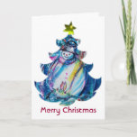 SNOWMAN MET OWL EN CHRISTMAS TREE FEESTDAGEN KAART<br><div class="desc">Whimsical,  kleurful en cool Winter night illustratie,  waterverf schilderij in levendig blauw wit,  roze,  kleuren.</div>