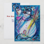 SNOWMAN MET OWL, Eve Party Ice Metallic New Year Kaart (Voorkant / Achterkant)