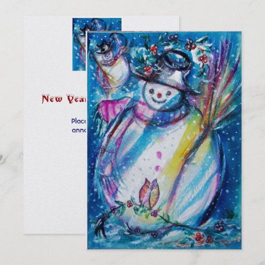 SNOWMAN MET OWL, Eve Party Ice Metallic New Year Kaart (Voorkant / Achterkant)