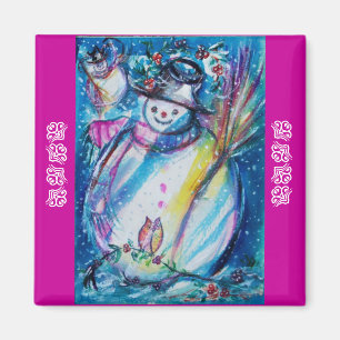 SNOWMAN MET OWL IN WINTER Puprle Blue Magneet