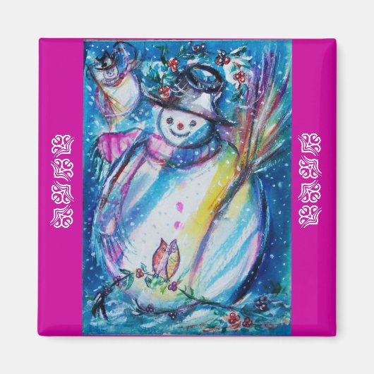 SNOWMAN MET OWL IN WINTER Puprle Blue Magneet (Voorkant)