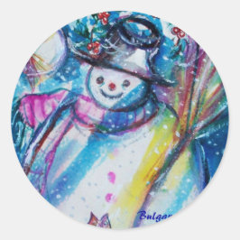 SNOWMAN MET OWL IN WINTERNACHT RONDE STICKER