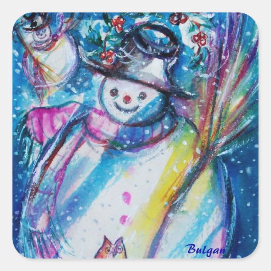 SNOWMAN MET OWL IN WINTERNACHT VIERKANTE STICKER (Voorkant)