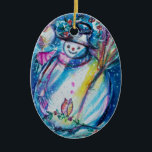 SNOWMAN MET OWL KERAMISCH ORNAMENT<br><div class="desc">Whimsical,  kleurful en cool Winter night illustratie,  waterverf schilderij in levendig blauw wit,  roze,  kleuren.</div>