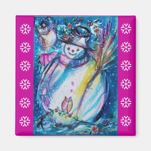 SNOWMAN MET OWL/Paarse witte sneeuwvlokken Magneet (Voorkant)