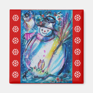 SNOWMAN MET OWL/Red White Snowflakes Magneet