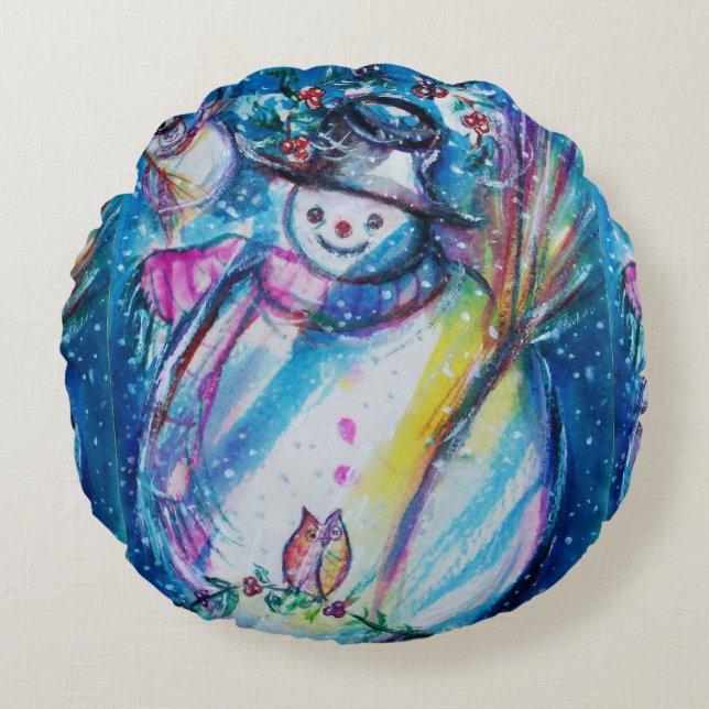 SNOWMAN MET OWL Winter Sason Rond Kussen (Voorkant)
