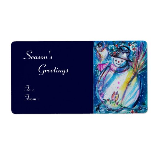 SNOWMAN MET OWL, wit blauw rood Etiket (Voorkant)