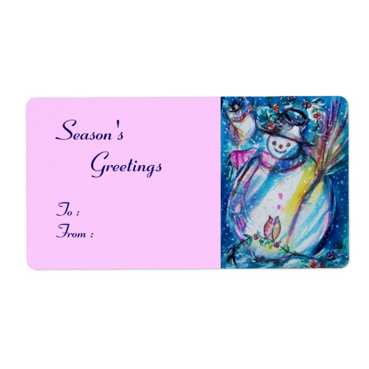 SNOWMAN MET OWL, wit blauw roze Etiket (Voorkant)