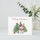 Snowman met prettige kerst, eekhoorn, kardinaal feestdagenkaart (Staand voorkant)