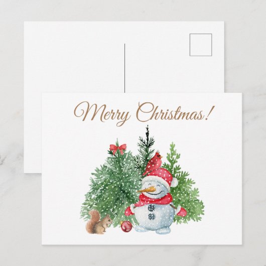 Snowman met prettige kerst, eekhoorn, kardinaal feestdagenkaart (Voorkant / Achterkant)