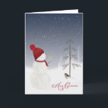 Snowman met prettige kerst feestdagen kaart<br><div class="desc">Cute snowman met rood pet,  sjaal en kerstgouden ster voor de oude dennenboom.</div>