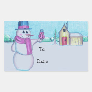 Snowman met Red Bird Folk Art Tekening Rechthoekige Sticker