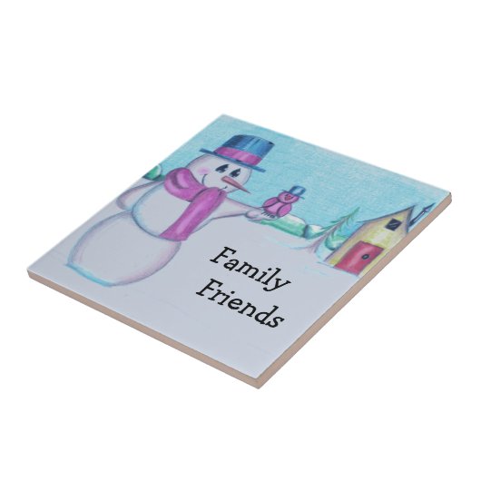 Snowman met Red Bird Folk Art Tekening Tegeltje (Zijkant)