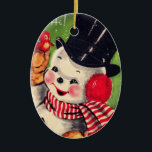 Snowman met Red Bird Keramisch Ornament<br><div class="desc">Retro sneeuwman in de bovenste hoed en sjaal met een kleine rode vogel.</div>