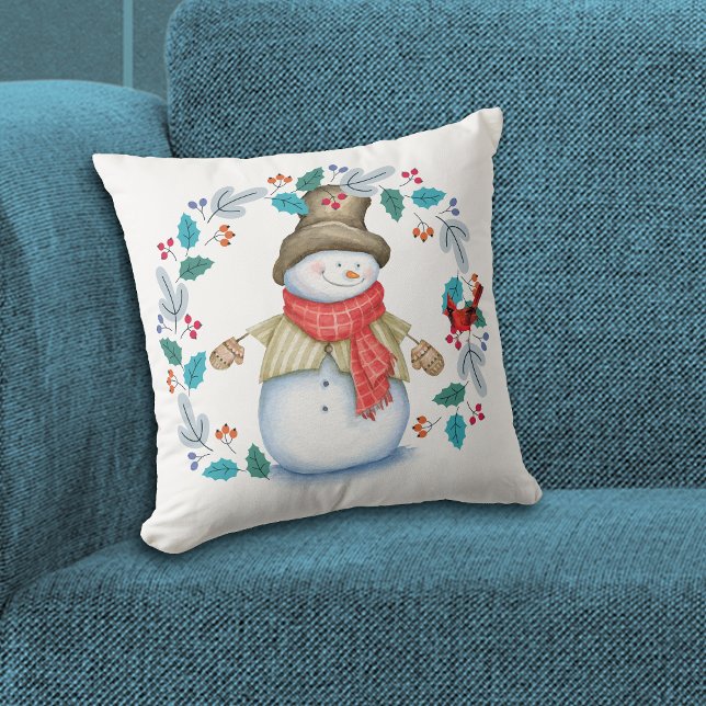 Snowman met Red Bird Wreath Holiday Kussen (Creator heeft geüpload)