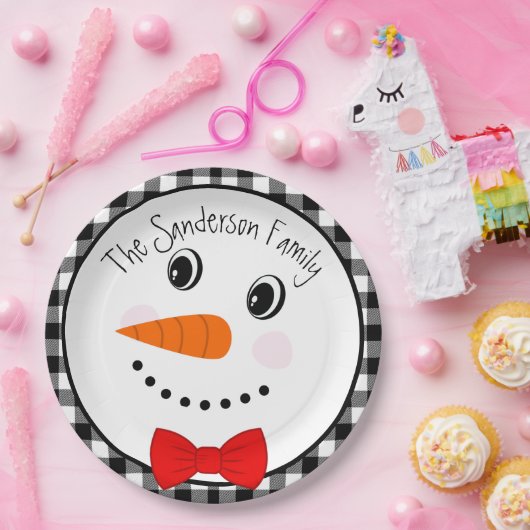 Snowman met Red Bowtie Black Buffalo Pset Trim Papieren Bordje (Feest)