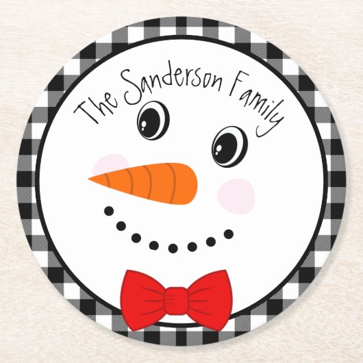 Snowman met Red Bowtie Black Buffalo Pset Trim Ronde Kartonnen Onderzetter (Voorkant)