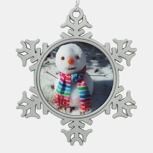 Snowman met regenboogschar tin sneeuwvlok ornament (Voorkant)