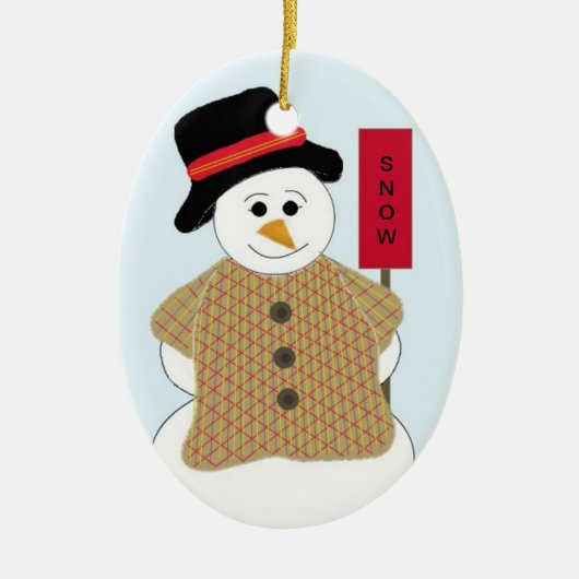 Snowman met sneeuwbord keramisch ornament (Voorkant)