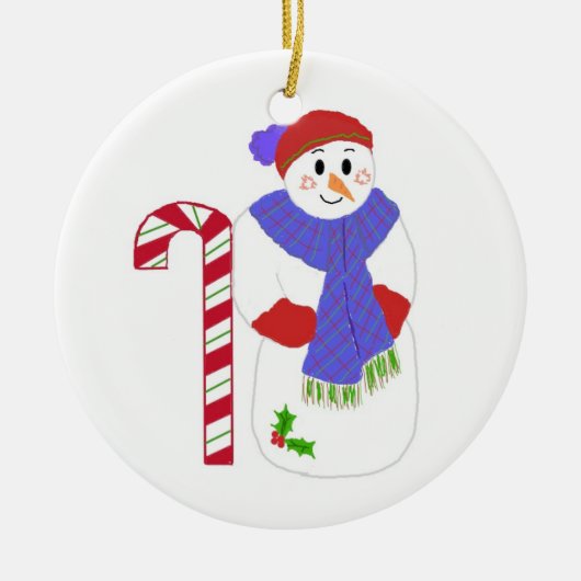 Snowman met snoepriet keramisch ornament (Voorkant)
