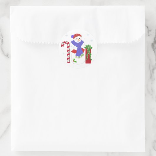 Snowman met snoepriet ronde sticker (Tas)