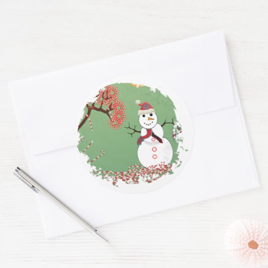 Snowman met snoeprietboom ronde sticker (Envelop)