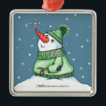 Snowman met Snowflake op neus Metalen Ornament<br><div class="desc">Snowman vangt een sneeuwvlok op zijn neus.  Origineel ontwerp van Christie Black van Creaties uit het hart.</div>